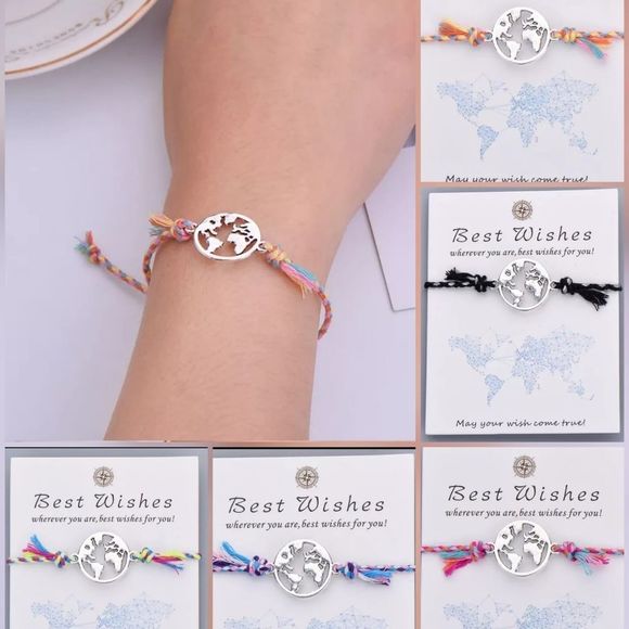 Pipitree Colorful Braided Rope Charm Bracelet Best Wishes World Map Wish Bracele - Picture 1 of 2